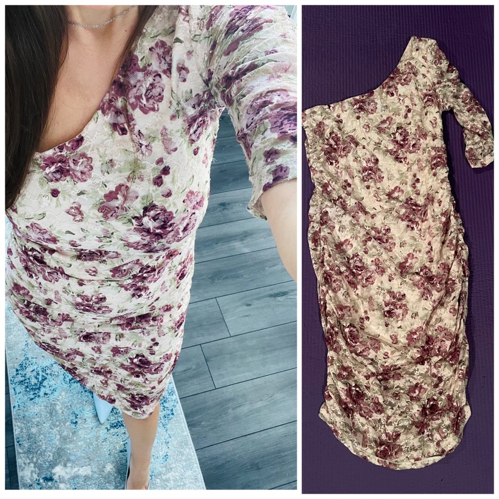 Rare Printed Lace One Sleeve Dress - Cream/Pink